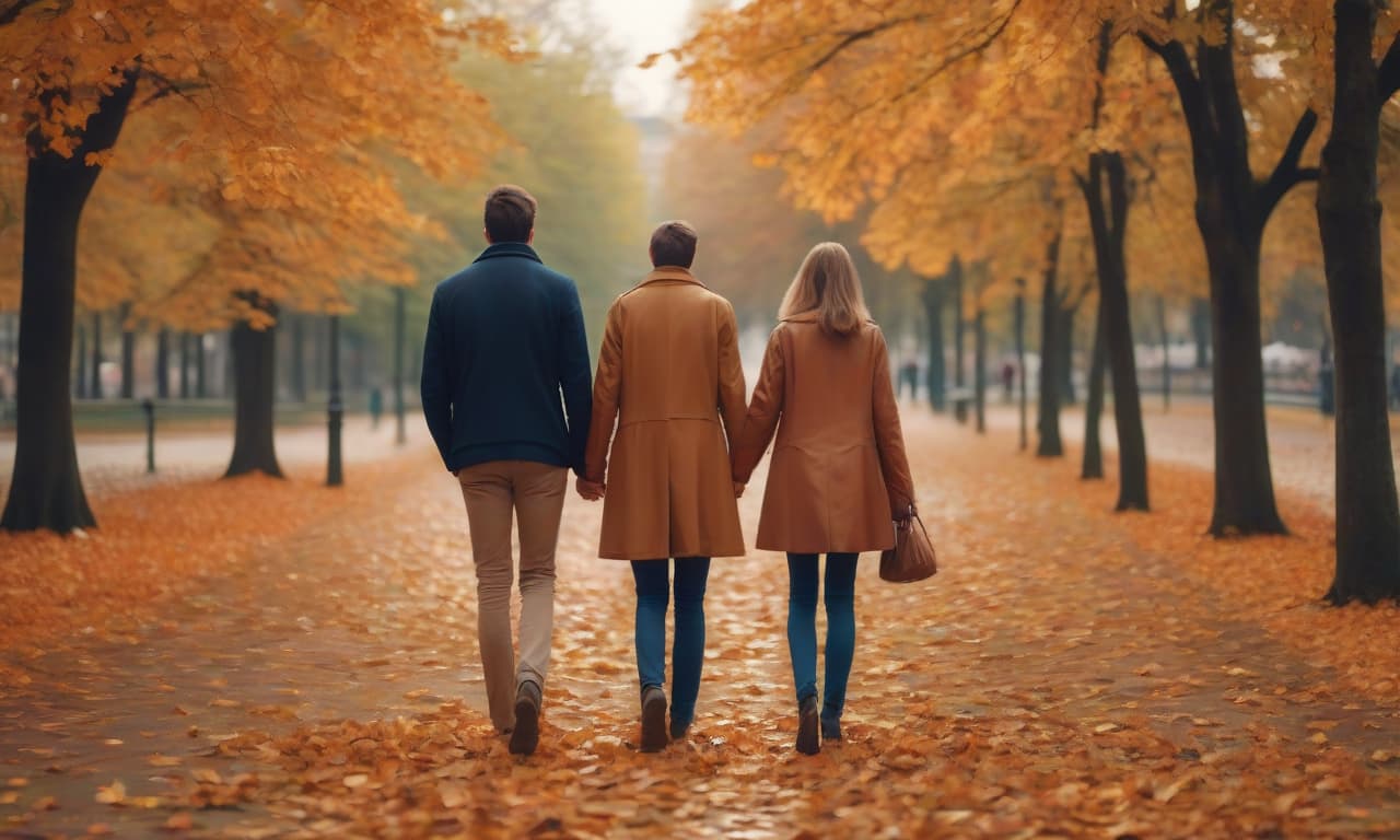  back view of a couple walking in the park　holding hands　they are staring at each other　fallen leaves are fluttering　autumn scenery　autumn leaves