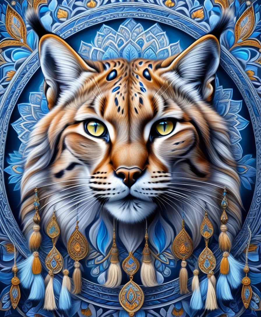  impressionist painting masterpiece, hdr 8k, digital image. conceptual art. (siberian lynx, majestic wildcat, powerful paws, flexible strong body, piercing feline eyes, sharp fangs, tassels on the ears, appearing in ancient russian ethnic ornaments that make up a symmetrical mandala consisting of an endless forest, a wide flowing river and majestic mountains, the mandala is decorated with a fantastic ice pattern). abstract elements: stones, tree leaves, flowers. the effect of dissolving the natural shades of fur in sky waves. filigree finishes, mysterious neon glowing accents, intricate. stylization. neo rococo style. stylish, dynamic, atmospheric. background dissolving abstract patterns in the space:: vignetting:: complex ethnic ornament.