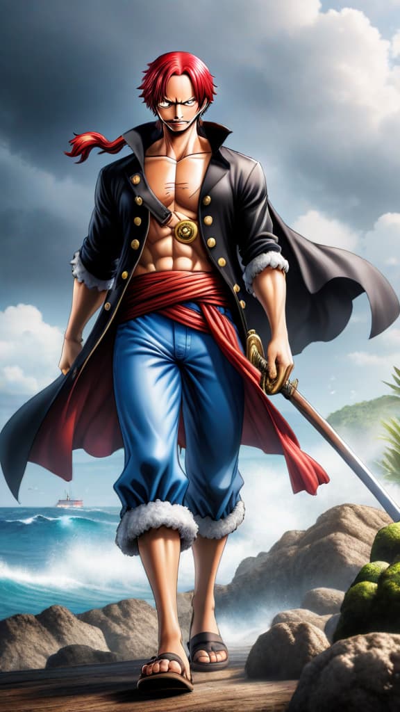  shanks from one piece arriving at marineford earlier, preventing war and uniting pirate crews, anime art hyperrealistic, full body, detailed clothing, highly detailed, cinematic lighting, stunningly beautiful, intricate, sharp focus, f/1. 8, 85mm, (centered image composition), (professionally color graded), ((bright soft diffused light)), volumetric fog, trending on instagram, trending on tumblr, HDR 4K, 8K