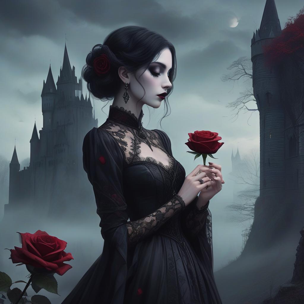  concept art a gothic styled woman holds a rose to her nose against a misty castle backdrop, exuding mystery and elegance. a gothic woman with dark, styled hair leans in to touch a black rose with deep red accents, her eyes closed in contemplation. she wears intricate lace attire, complete with lavish earrings. the background features a misty, ethereal landscape with faint, shadowy castle silhouettes, enveloped in greenish hues, enhancing the mysterious atmosphere. . digital artwork, illustrative, painterly, matte painting, highly detailed