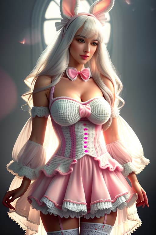  a very cute white and pink fluffy bunny, cute cute, with long floppy and fluffy ears, with a fashionable elegant crochet headband with a bow, and decorations, standing on two legs, in a crocheted white and pink jumpsuit with ruffles, tulle ruffles, with draperies, with ruffled tulle, with a bow, a peplum, very detailed, dressed in beautiful crocheted shoes with a bow, flying fireflies and neon hearts, glare of light, radiance, fabulously beautiful, tenderness, love, aesthetics, professional photo, realism, high resolution, high detail , iso 100, f/2.8, 4k, 1/250 s, 30mm lens, bright light, (intricate details:0.9), (hdr, hyperdetailed:1.2) hyperrealistic, full body, detailed clothing, highly detailed, cinematic lighting, stunningly beautiful, intricate, sharp focus, f/1. 8, 85mm, (centered image composition), (professionally color graded), ((bright soft diffused light)), volumetric fog, trending on instagram, trending on tumblr, HDR 4K, 8K