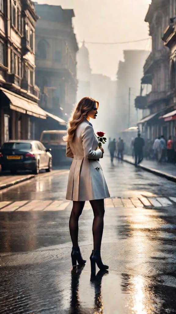  a single white rose left at a crime scene in the bustling streets of mumbai, mystery art. hyperrealistic, full body, detailed clothing, highly detailed, cinematic lighting, stunningly beautiful, intricate, sharp focus, f/1. 8, 85mm, (centered image composition), (professionally color graded), ((bright soft diffused light)), volumetric fog, trending on instagram, trending on tumblr, HDR 4K, 8K