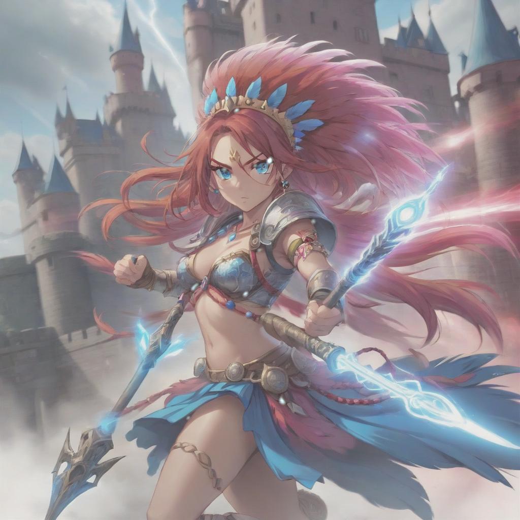  long exposure photo of portrait of strong rage amazonas warrior with staff in hand. blue eye. long red hair. tilting head down, magenta mantle, shoulder pad feather, accessory necklace with pearls on the forehead, against the background of the castle siege . blurred motion, streaks of light, surreal, dreamy, ghosting effect, highly detailed, sticker, hkmagic