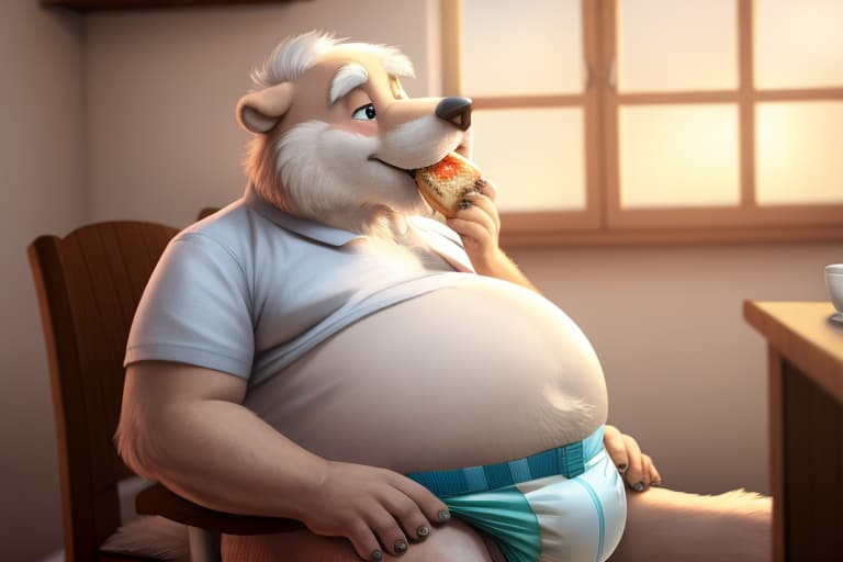  elderly male, gainer, eating food, big belly, wearing only a diaper, open eyes, masterpiece, 4k, fine details,