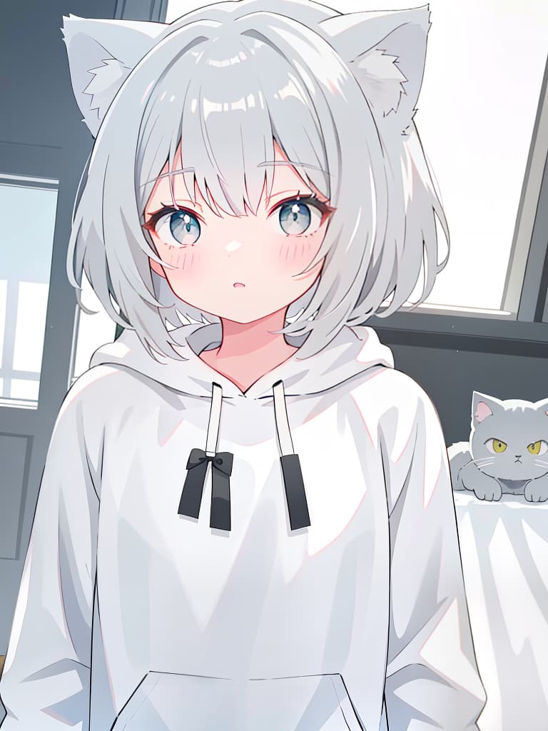  gray hair, short hair, cat ears, girls, white hoodies, one, upper body, masterpiece, best quality,8k,ultra detailed,high resolution,an extremely delicate and beautiful,hyper detail