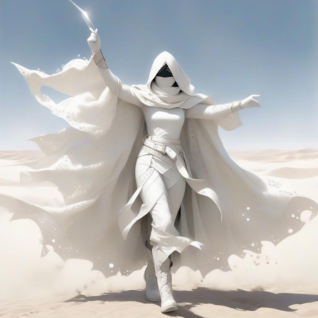  a thin girl with a white scarf on her face, in white, in white gloves with natural fingers, in a white openwork cloak, with large round holes all over the cloak, in laced shoes. a pointed hood. big steel buckles. two belts on the belt. gray shoes. a black spot instead of a face over a white scarf.