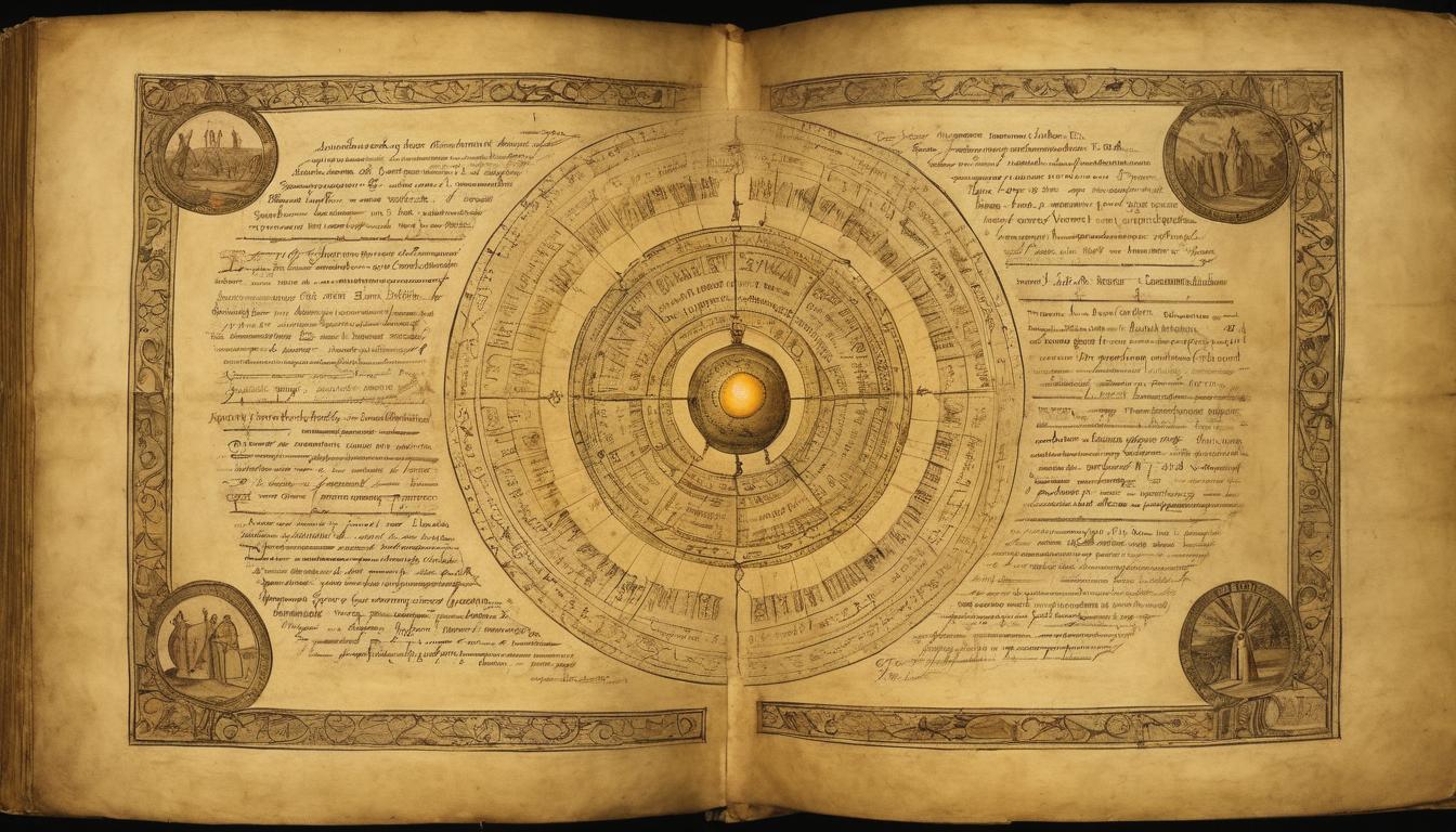  on parchment, surrealism++, ancient tomes opened to glowing pages, encircling a golden orb, knowledge transfer, divine guidance, emerging wisdom(mysterious, provocative, symbolic)++