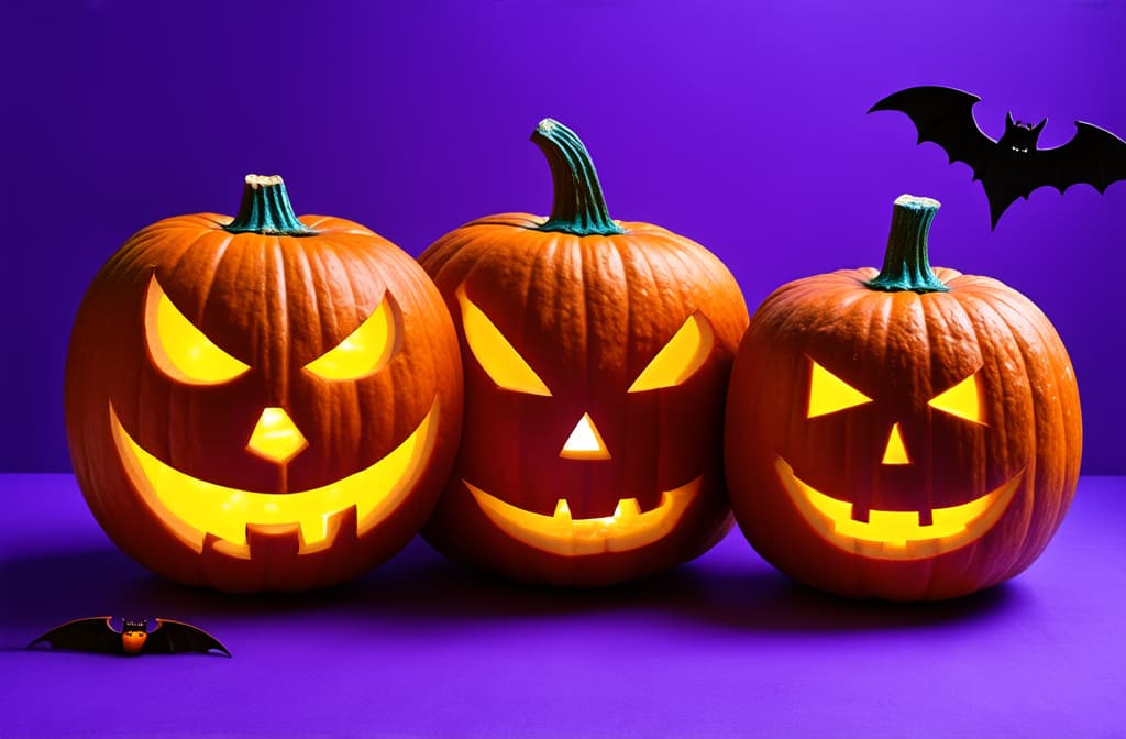  professional detailed photography, carved pumpkins and bats on a vibrant purple backdrop for halloween fun! ar 3:2, (muted colors, dim colors, soothing tones), (vsco:0.3)