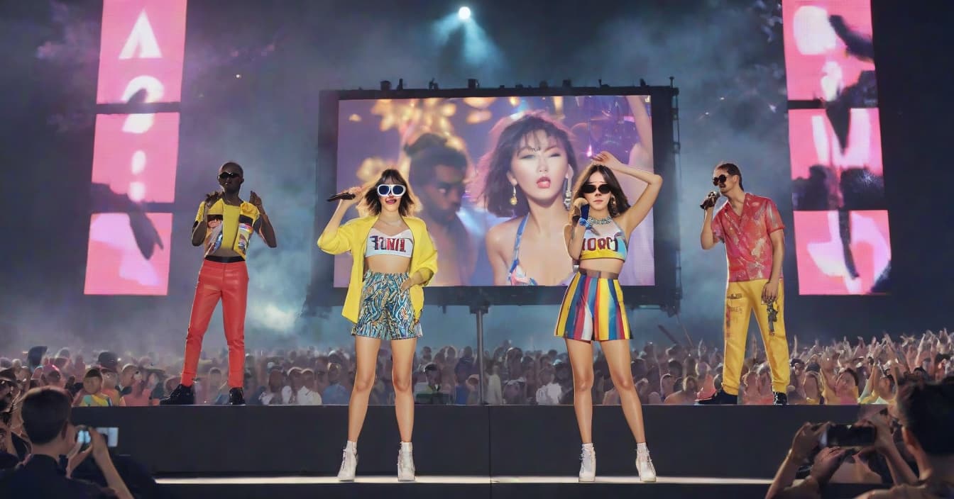  fashion editorial style 3 guys (russian, korean, negro) on the concert stage with microphones sing in bright summer clothes, in mirrored glasses, in the evening in the open air, and behind them a large screen on which there is a convertible at the bottom with a girl a bitch looking at the audience, and on top the inscription "proud warrior" and fireworks above the inscription and convertible . high fashion, trendy, stylish, editorial, magazine style, professional, highly detailed, film photography style