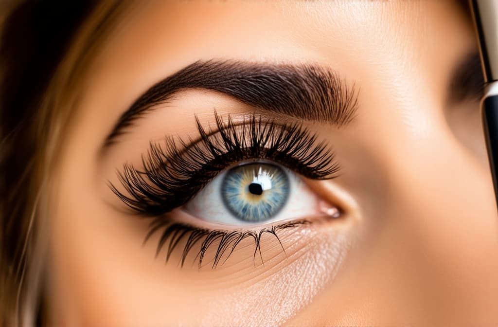  eyelash extension procedure. close up of a woman's eye with long false eyelashes ar 3:2, (natural skin texture), highly detailed face, depth of field, hyperrealism, soft light, muted colors