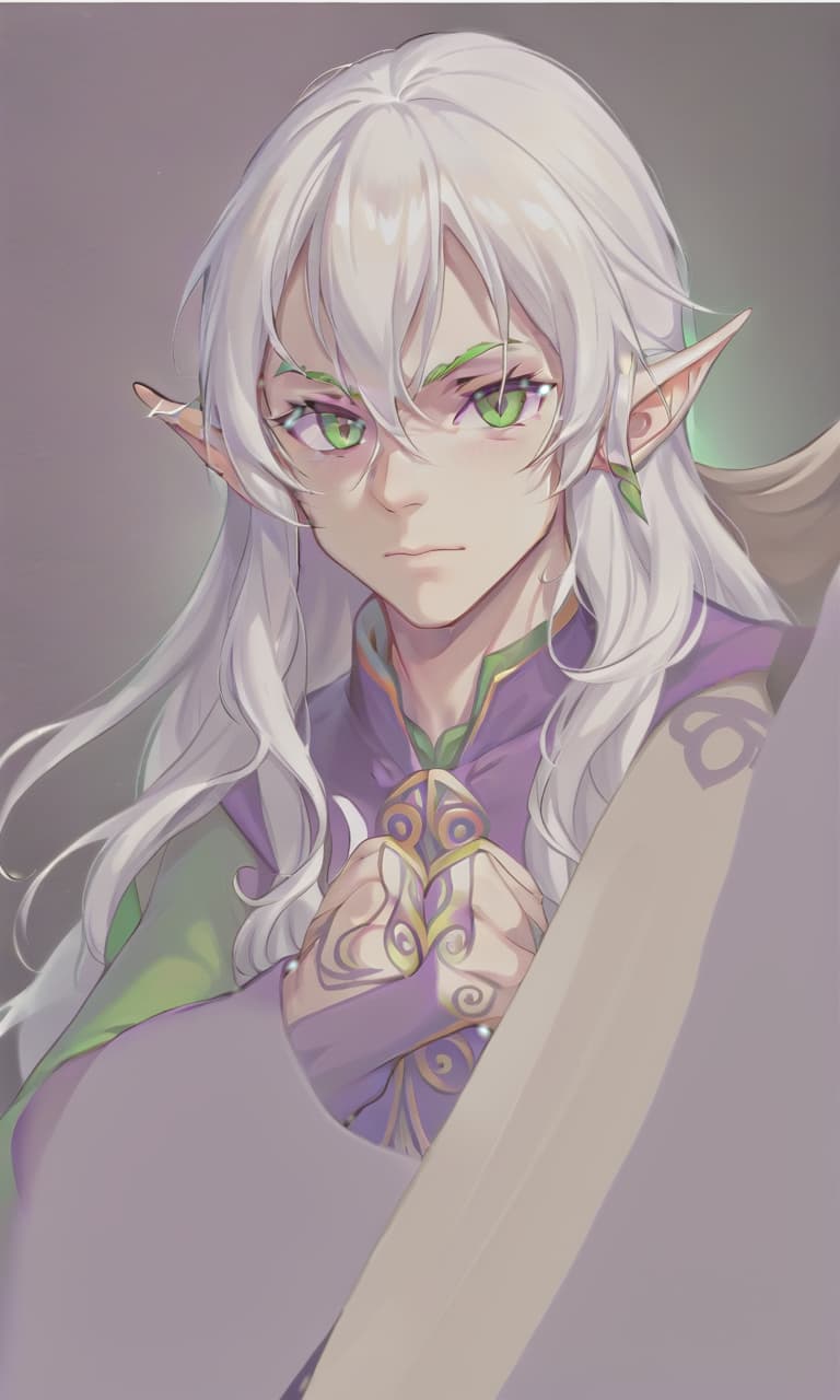  man, elf, long white hair, green eyes, purple clothes, sticker