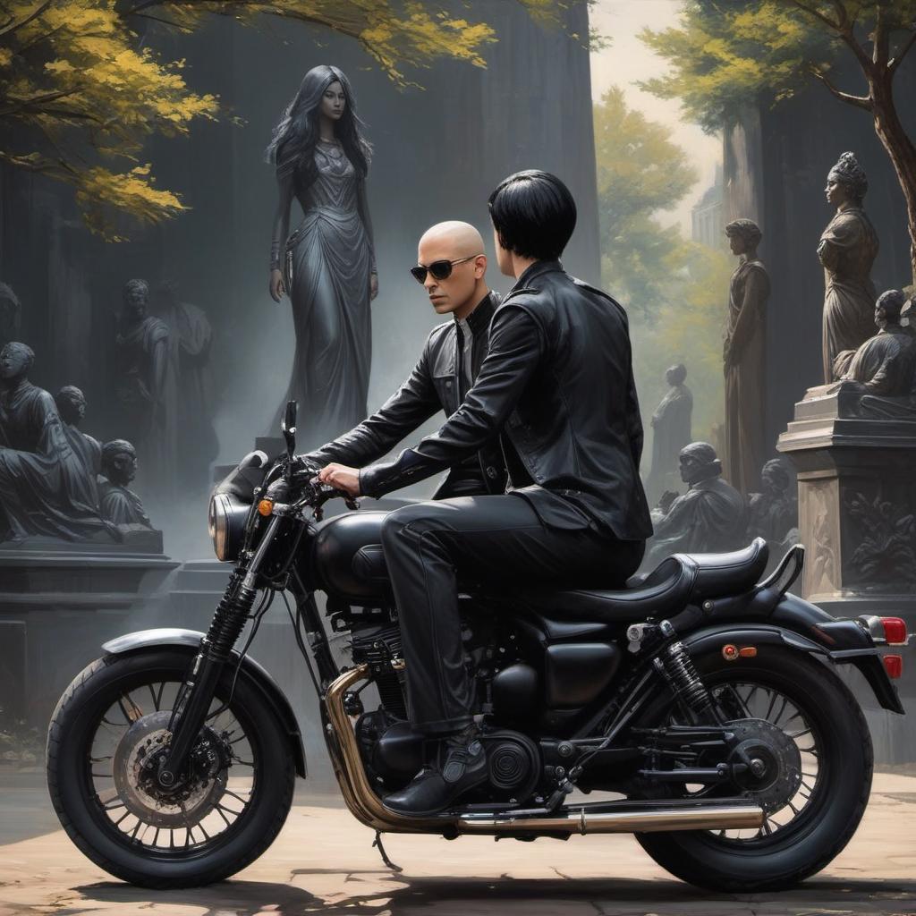  bold, no hair man sitting on a black motorcycle. women with black hair very long, straight,a black dress with statues standing next to him. back view, painting style