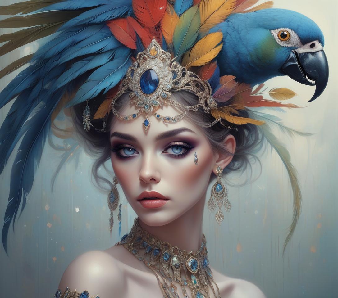  hyper realistic, hyper detailed fantasy art; elegant, intricate, detailed, symmetrical face, accurate anatomy and eyes by tom bagshaw, magali villenueve; karol bak, of a beautiful woman with colorful parrot feather headdress and shoulder jewelry, diamonds, sapphires, insanely detailed, artgerm, wlop, tom bagshaw, magali villenueve; karol bak, photograph taken on nikon d750, intricate, digital illustration