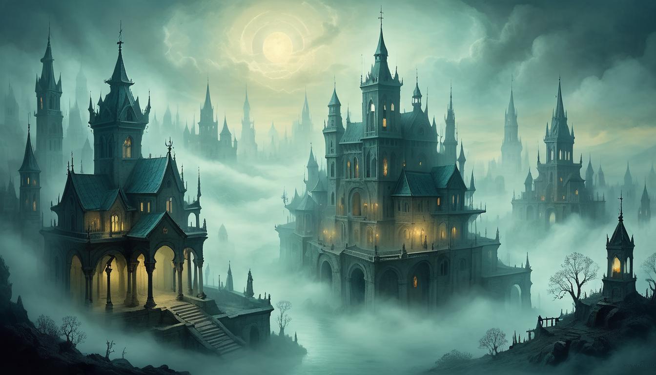  on parchment, surrealism+++, spectral city lost in time, ghostly structures with transparent walls, cityscape shrouded in a timeless fog, ethereal glow illuminating ancient architecture, serene silence, haunting beauty(mysterious, provocative, symbolic,muted color)+++