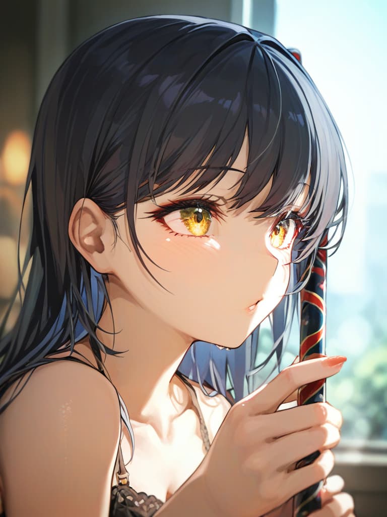  a black haired girl with a magic cane, masterpiece, best quality,8k,ultra detailed,high resolution,an extremely delicate and beautiful,hyper detail