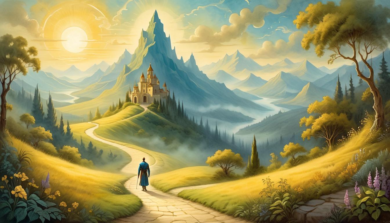  on parchment, surrealism+++, a radiant figure walking on a path, surrounded by golden light, lush greenery on sides, distant mountains, freed, destined(mysterious, provocative, symbolic,muted color)+++