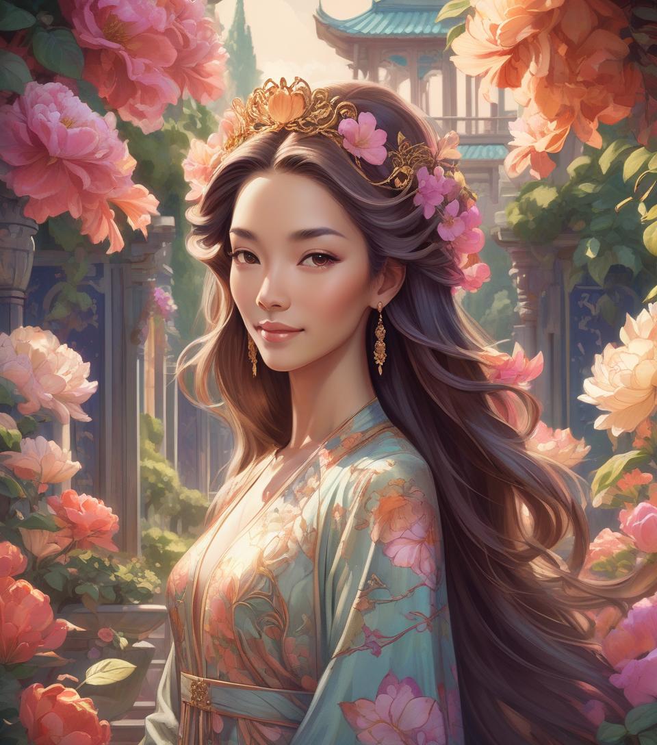  concept art oriental woman sporting a subtle smile amidst an opulent flower garden, imperial hues enveloping the art nouveau inspired floral backdrop, crowned regally, radiant backlighting highlighting her flowing hair, radiant, mythical allure transcending existence, watercolor aesthetic, greg rutkowski's touch, trending on artstation, razor sharp focus, studio setting, elaborate intricacies, volumetric . digital artwork, illustrative, painterly, matte painting, highly detailed