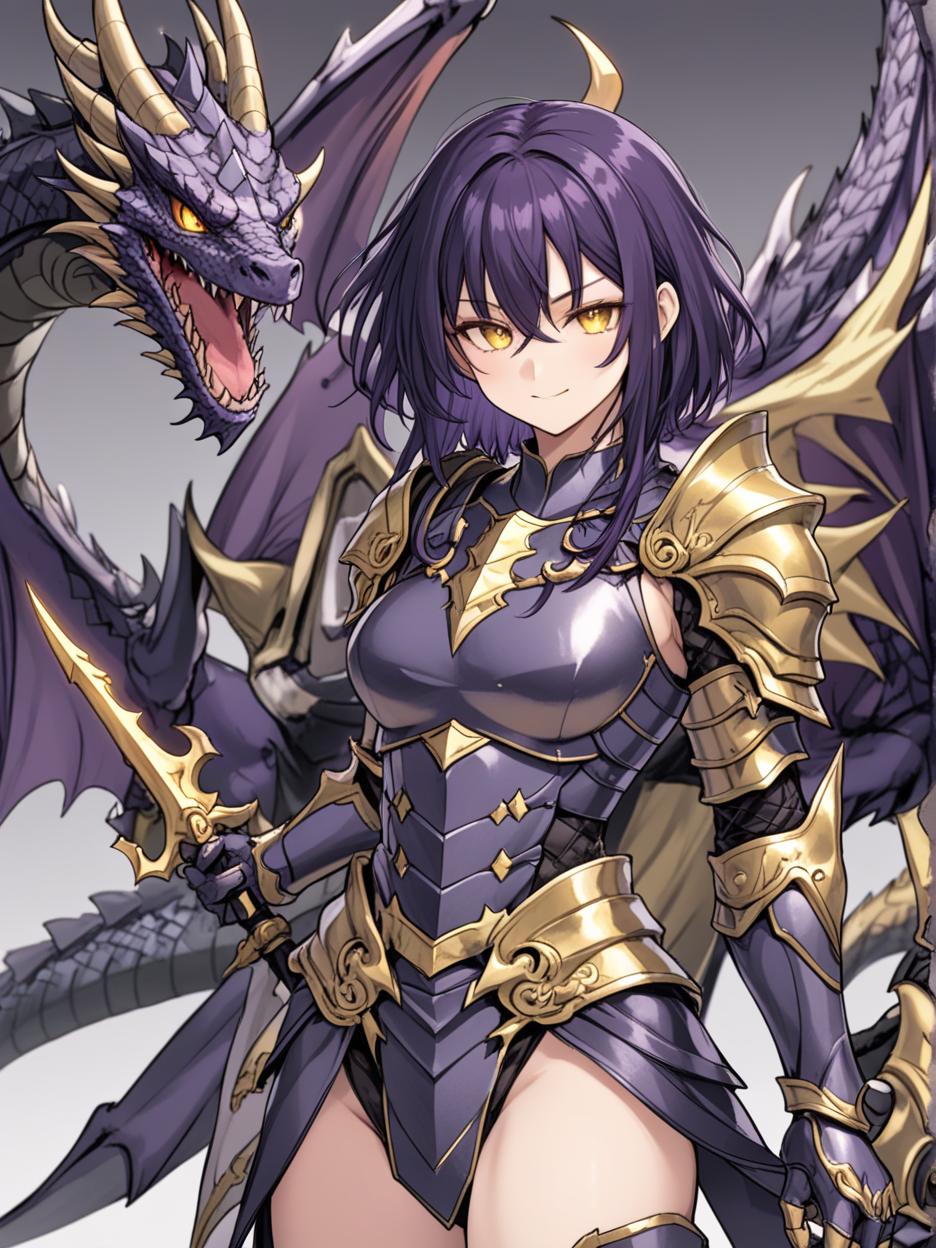  manga artwork an anime photo of a half human, half dragon warrior, she has very dark purple hair, a pleasant smile, very beautiful golden eyes, a grayer skin, a light black knight armor, broken black wings, and, hands with dragon claws mixed with the armor, a long dragon tail, and other details of her dragon form mixed with her human appearance, she has a more adult and very strong body, with a slender build. manga artist. manga, highly emotional. best quality, high resolution