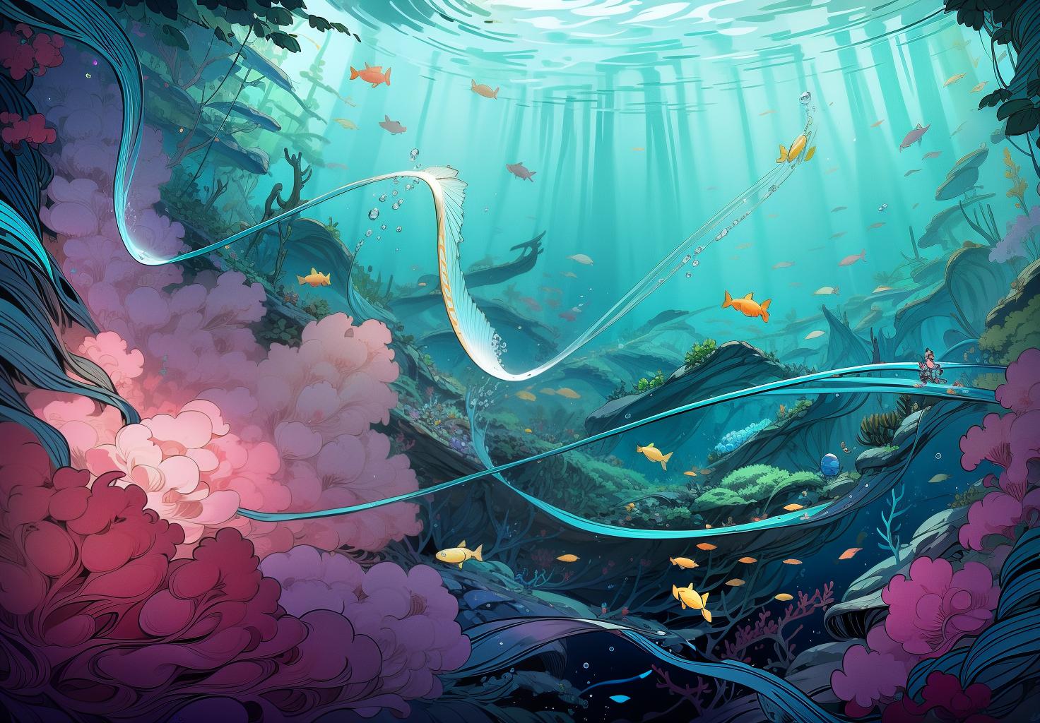  best quality, masterpiece, elegant line art, blue theme, fish, solo, dynamic lines, intricate line work, smooth and flowing lines, artistic composition, high detail, exquisite design, harmonious, vibrant and dynamic, 8k resolution, crisp and clear, minimalist, refined line art, graceful fish, colorful coral, lush water plants, underwater scenery, detailed background elements, vibrant aquatic environment