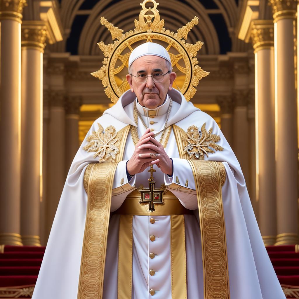  el papa Francisco con indumentaria diabólica. hyperrealistic, full body, detailed clothing, highly detailed, cinematic lighting, stunningly beautiful, intricate, sharp focus, f/1. 8, 85mm, (centered image composition), (professionally color graded), ((bright soft diffused light)), volumetric fog, trending on instagram, trending on tumblr, HDR 4K, 8K