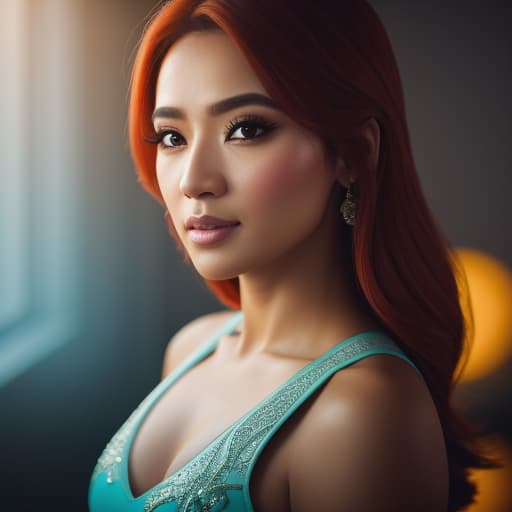  Torso de mujer Asiatica. Ojos grandes y pelo naranja , hyperrealistic, high quality, highly detailed, cinematic lighting, intricate, sharp focus, f/1. 8, 85mm, (centered image composition), (professionally color graded), ((bright soft diffused light)), volumetric fog, trending on instagram, HDR 4K, 8K