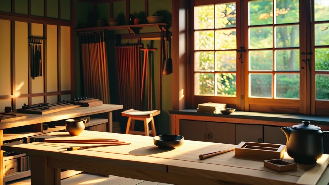  a serene woodworking workshop filled with traditional japanese tools, intricate sashimono joints displayed on a wooden workbench, sunlight streaming through shoji screens, showcasing the craftsmanship and precision of traditional wood joinery. hyperrealistic, full body, detailed clothing, highly detailed, cinematic lighting, stunningly beautiful, intricate, sharp focus, f/1. 8, 85mm, (centered image composition), (professionally color graded), ((bright soft diffused light)), volumetric fog, trending on instagram, trending on tumblr, HDR 4K, 8K