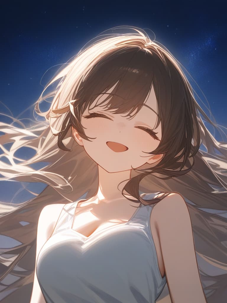  a girl who is laughing at me, bright brown hair, long hair, transparent fleeting, facing here, laughing, under the starry sky, facing here, i am looking at me, wearing a white cardigan over the black sleeveless dress, above the chest, masterpiece, best quality,8k,ultra detailed,high resolution,an extremely delicate and beautiful,hyper detail