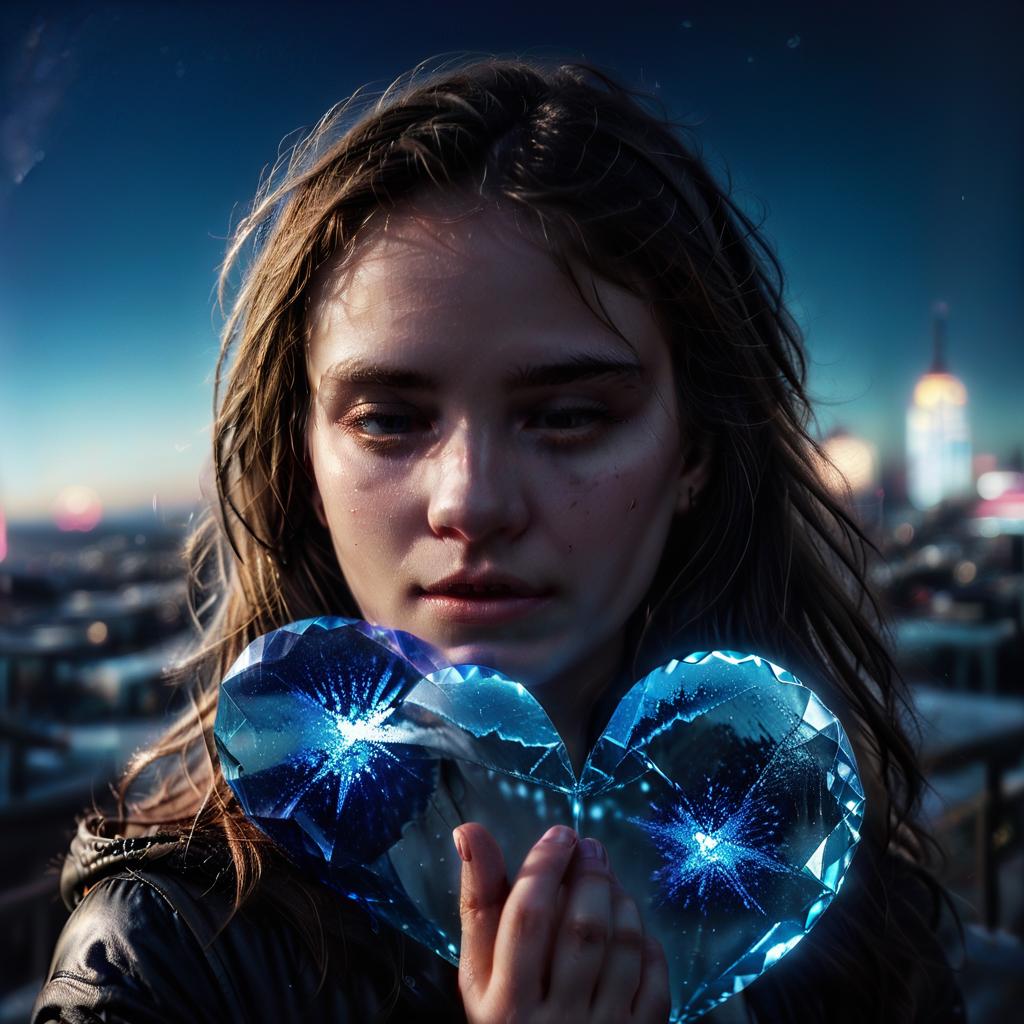  cinematic photo cover for song. dreaming beautiful gentle sad girl stands with closed eyes in a half turn and keep the blue ace crystal flashing heart in her hands. dreamy, thoughtful, deep philosophical look. night city background my frozen heart is bound. . 35mm photograph, film, bokeh, professional, 4k, highly detailed, perfect hands, civitai, perfecteyes