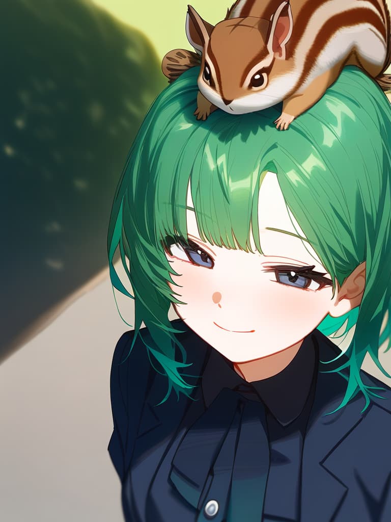  1girl,18yo,(((black high school uniform:1.5))),green hair, (((green graduated haircut hair:1.5))),(((very smile:1.3))),(((chipmunk on head:1.8)))