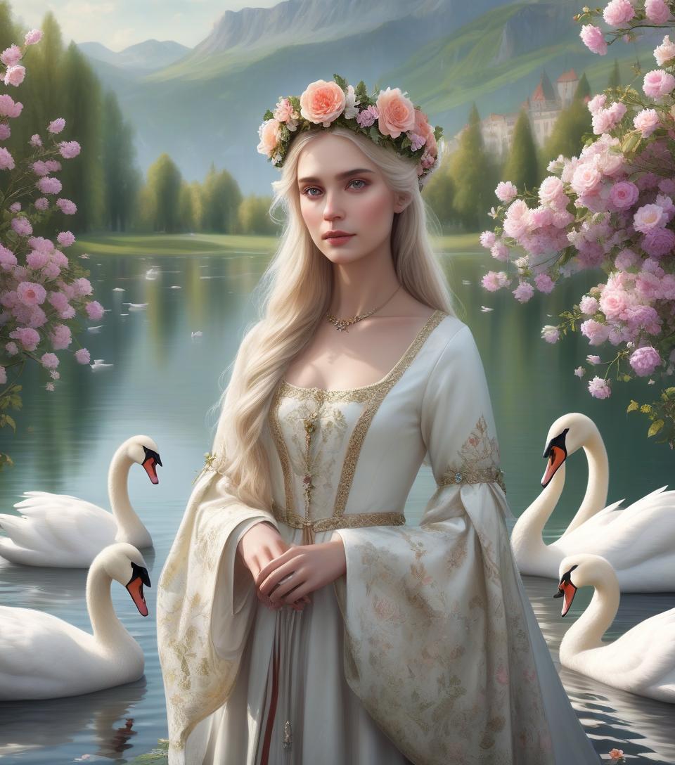  hyperrealistic art a woman in a medieval dress with a flower crown stands by a serene lake with swans and blooming flowers. beautiful woman in a serene lake, renesians portrait with beautiful flowers and nature around the lake. . extremely high resolution details, photographic, realism pushed to extreme, fine texture, incredibly lifelike