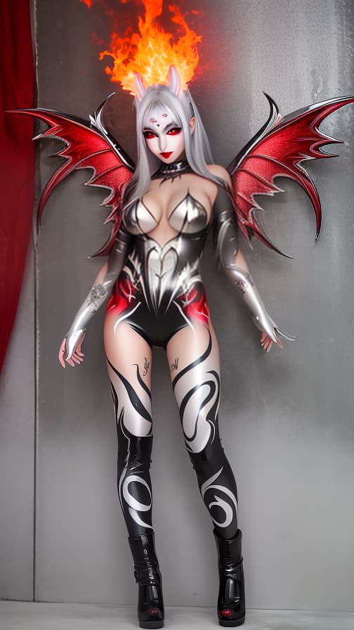  Full body red and silver flame pattern body paint,silver body paint on the whole body,grey face paint on the face,succubus, full body image 女性