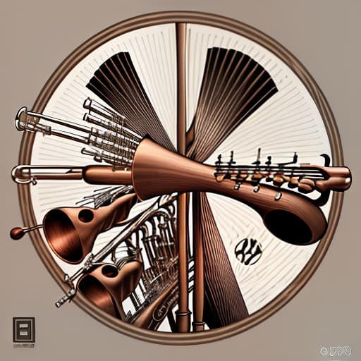  wooden and copper wind instruments, flute, clarinet, oboe, saxophone, percussion instruments, simple forms, monochrome style, (logo:1.3), vector graphics, brand, design, inspired, (straight:1.3), (symmetrical:0.4)