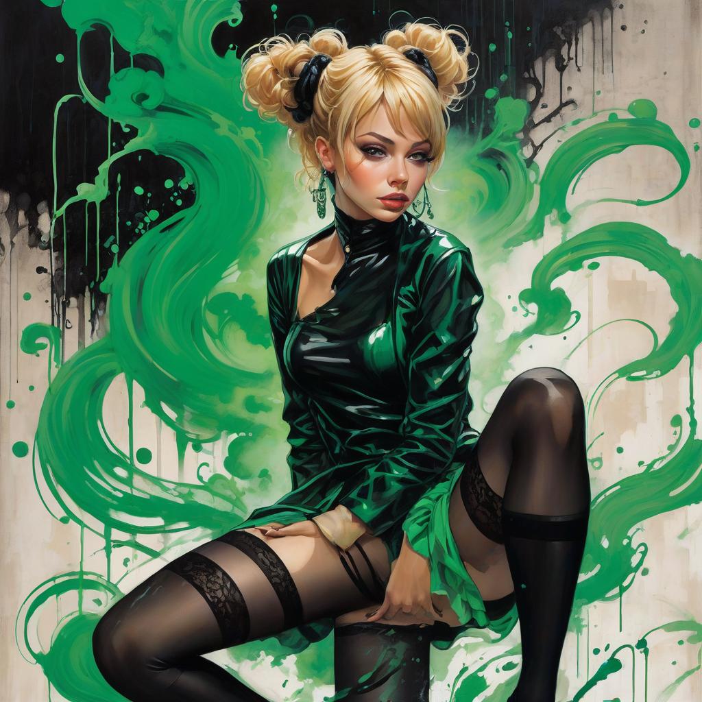  graffiti style hard black cool green, cgi render, made of 3::color fancy, swirling ink in water, swirling smoke, swirling splashing paint, swirling blown gl, art by diego dayer, photograph, art by egon schiele, 4k, young sophie marceau humanoid cat , negligee blonde hair bun, very beautiful, s, kneeling, short hair, black straight bangs, outside, night, rain, full, eyes closed, mouth slightly open, long earrings, stockings with garters, , lots of details, highly detailed image, photorealism, , black stockings, s, , fashion, beautiful body, pleasant pain, sweet moan, breathing fast, anguish, very beautiful . street art, vint, urban, detailed, tag, mural