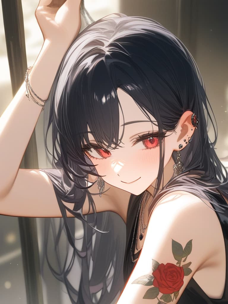  long hair, black hair, hair tips are pink, red eyes, hanging, bangs, and length of bangs, adults, adult faces, piercings, necklaces, hair are light pink and black, thin makeup on the arm. there is a rose tattoo, a rose tattoo on your arm, smiling, masterpiece, best quality,8k,ultra detailed,high resolution,an extremely delicate and beautiful,hyper detail