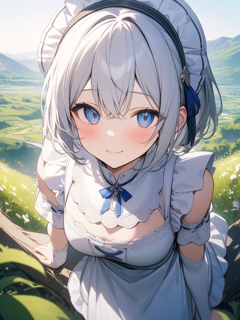  big s, silver hair, blue eyes, white maid, white headdress, beautiful , cute, white tights, short hair, large s, smiles, valley, masterpiece, best quality,8k,ultra detailed,high resolution,an extremely delicate and beautiful,hyper detail