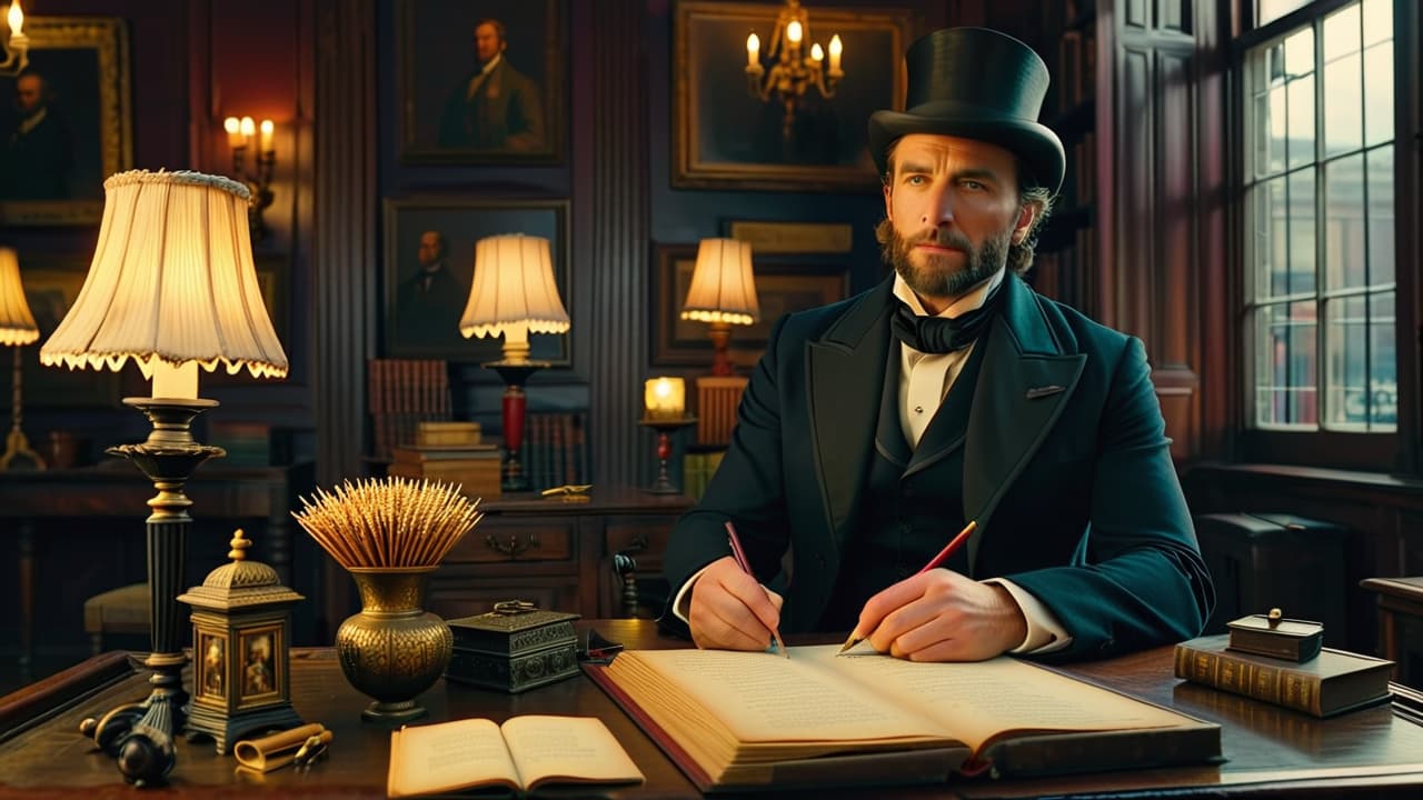  a dimly lit victorian study, with a wooden desk cluttered with parchment, quills, and an inkpot, while a window reveals a bustling 19th century london street filled with horse drawn carriages and top hatted gentlemen. hyperrealistic, full body, detailed clothing, highly detailed, cinematic lighting, stunningly beautiful, intricate, sharp focus, f/1. 8, 85mm, (centered image composition), (professionally color graded), ((bright soft diffused light)), volumetric fog, trending on instagram, trending on tumblr, HDR 4K, 8K