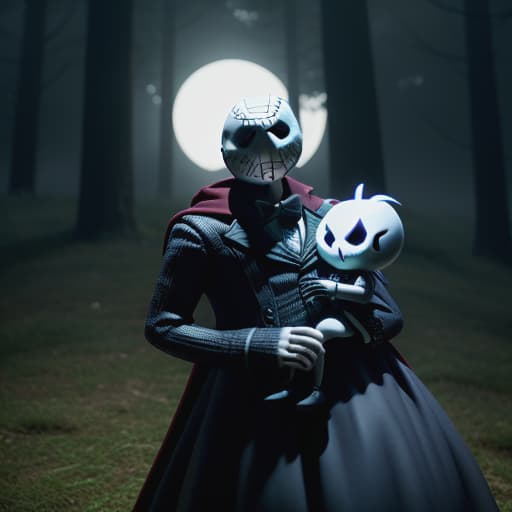  The Nightmare Before Valentines Day, Jack Skellington and Sally Finklestein, depth of field, cinematic composition, with their son whos a sized Jason Voorhees figure holding a doll who is also dressed like Jason Voorhees , ultra detailed, hyper focus, high res, unreal engine, masterpiece, horror theme, background s crib, full body, ultra detailed, hyper focus, high res, unreal engine, masterpiece,, hyperrealistic, high quality, highly detailed, cinematic lighting, intricate, sharp focus, f/1. 8, 85mm, (centered image composition), (professionally color graded), ((bright soft diffused light)), volumetric fog, trending on instagram, HDR 4K, 8K