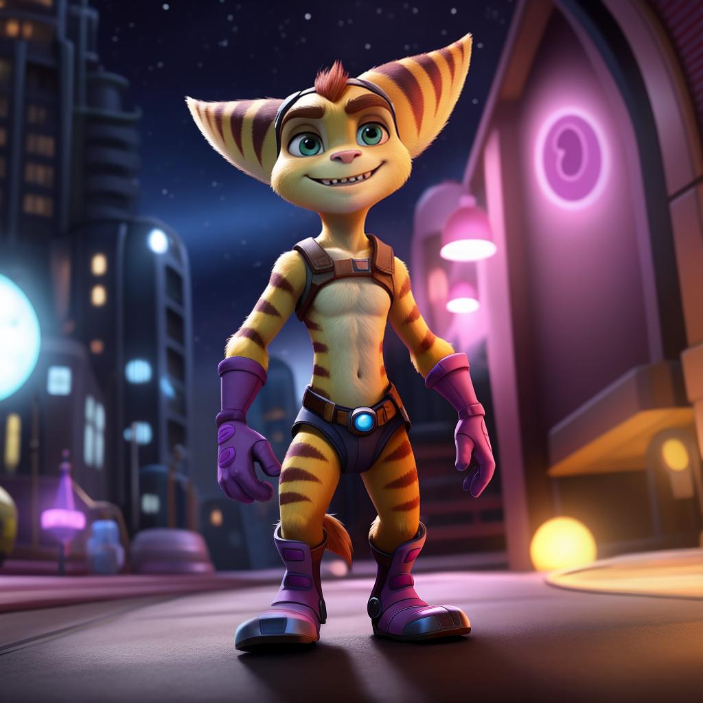  Ratchet and clank (insomniac, monsters inc), full body, gloves, gay, open eyes, masterpiece, 4k, fine details,