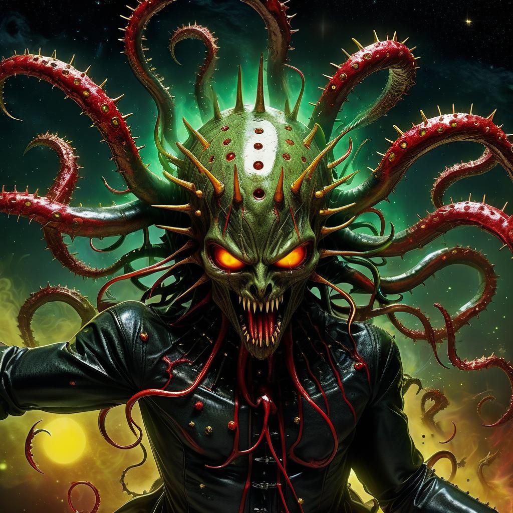  space themed the demon ghoul (hellraiser) entangled with tentacles and protruding pins bared the mouths and pours red mucus on the clawed paws. yellow smoke green rings spikes white fire stars and sparks anime horror black drops thorns . cosmic, celestial, stars, galaxies, nebulas, planets, science fiction, highly detailed