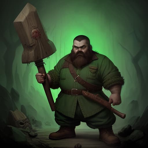  bearded dwarf with a wooden hammer in a green outfit, dark , creepy , blood , monsters , by jason engle , carlos huante , charlie bowater , simon lee , brom