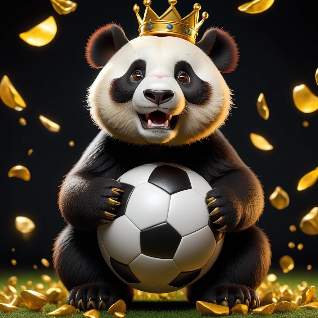  create a golden colored picture in the center of a cartoon brutal panda with a crown on his head playing soccer with a soccer ball on a black background hyperrealistic, full body, detailed clothing, highly detailed, cinematic lighting, stunningly beautiful, intricate, sharp focus, f/1. 8, 85mm, (centered image composition), (professionally color graded), ((bright soft diffused light)), volumetric fog, trending on instagram, trending on tumblr, HDR 4K, 8K