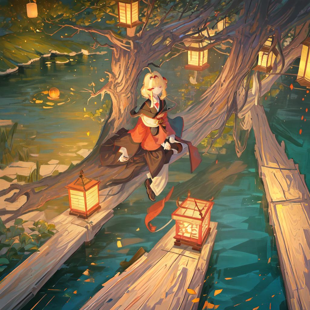  masterpiece, best quality,(fidelity: 1.4), best quality, masterpiece, ultra high resolution, 8k resolution, night view inspired by Japanese art, featuring a garden illuminated by paper lanterns and a wooden bridge spanning a tranquil lake with a small Zen temple by the lake. The water reflects the stars.