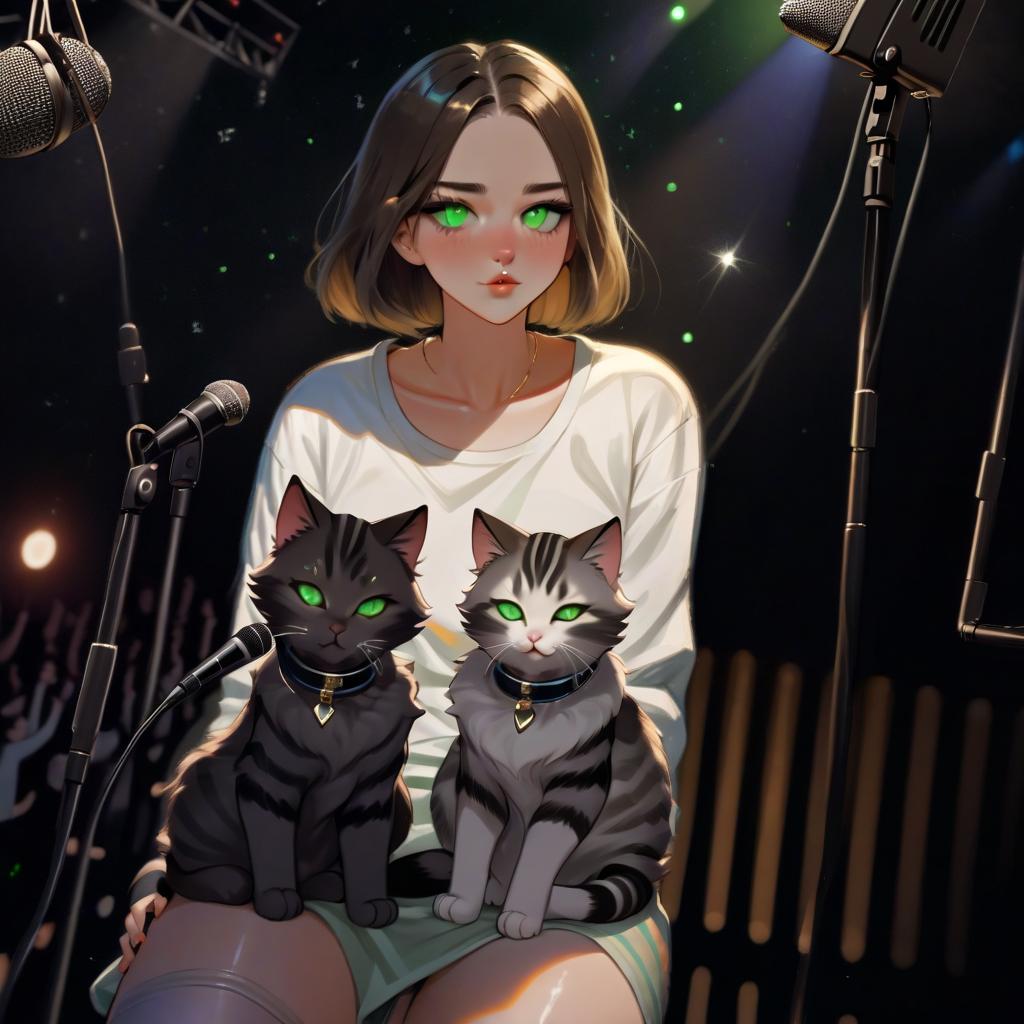  girl with dark green eyes, two furry striped cats, space, spotlights, view from the stage, microphone, music, royal grace