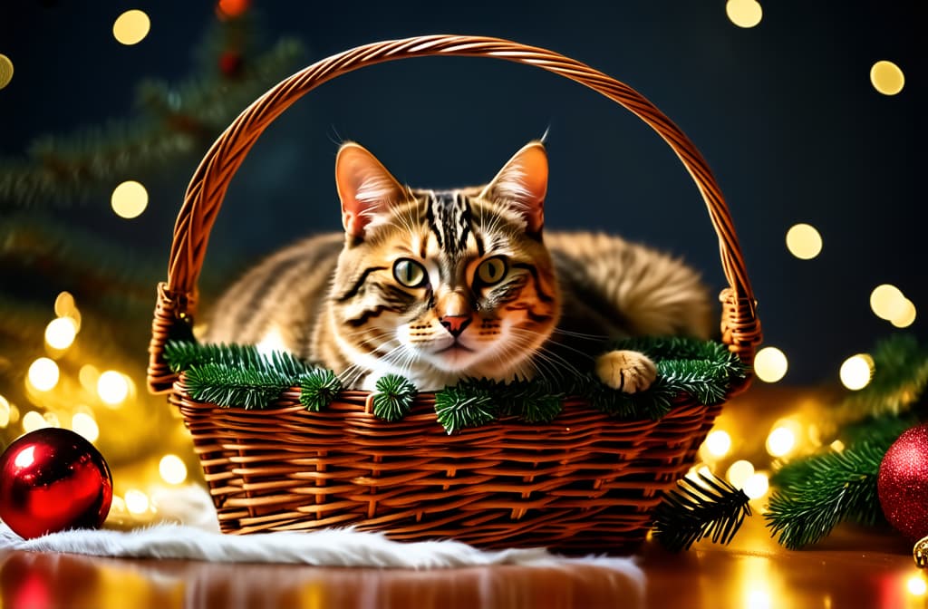  professional detailed photography, a cozy cat resting in a festive basket, surrounded by holiday decorations and glowing lights, perfect for seasonal imagery ar 3:2, (muted colors, dim colors, soothing tones), (vsco:0.3)