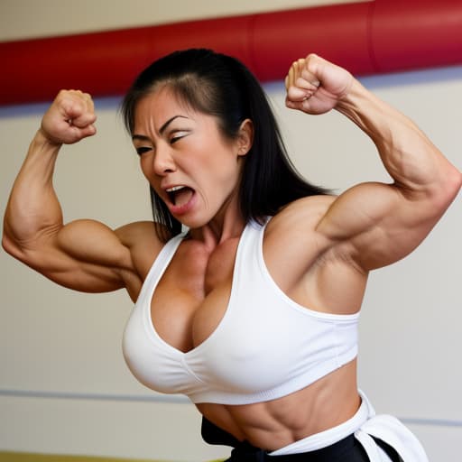  Female bodybuilder head tilted back mouth open from female Karate instructor palm on her stomach