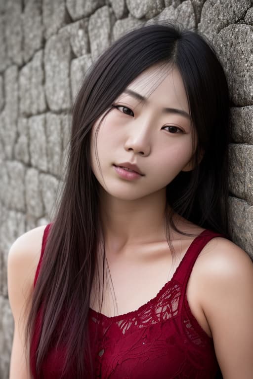  a beautiful japanese ,perfect face,, face, red long layered hair, no makeup, realistic skin texture, low saturation, dark tone, inspired by Alessio Albi, f1. 4, 85mm lens, hyper realistic , lifelike texture, dramatic lighting, professional shot, heavy shadows, dynamic pose, innocent look