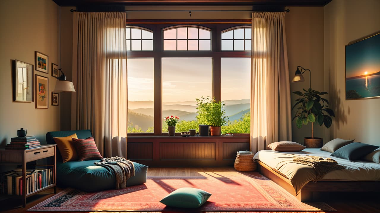  a serene bedroom at dawn, sunlight streaming through sheer curtains, a cozy reading nook with an open book, a steaming cup of herbal tea on a bedside table, a yoga mat and meditation cushion nearby. hyperrealistic, full body, detailed clothing, highly detailed, cinematic lighting, stunningly beautiful, intricate, sharp focus, f/1. 8, 85mm, (centered image composition), (professionally color graded), ((bright soft diffused light)), volumetric fog, trending on instagram, trending on tumblr, HDR 4K, 8K