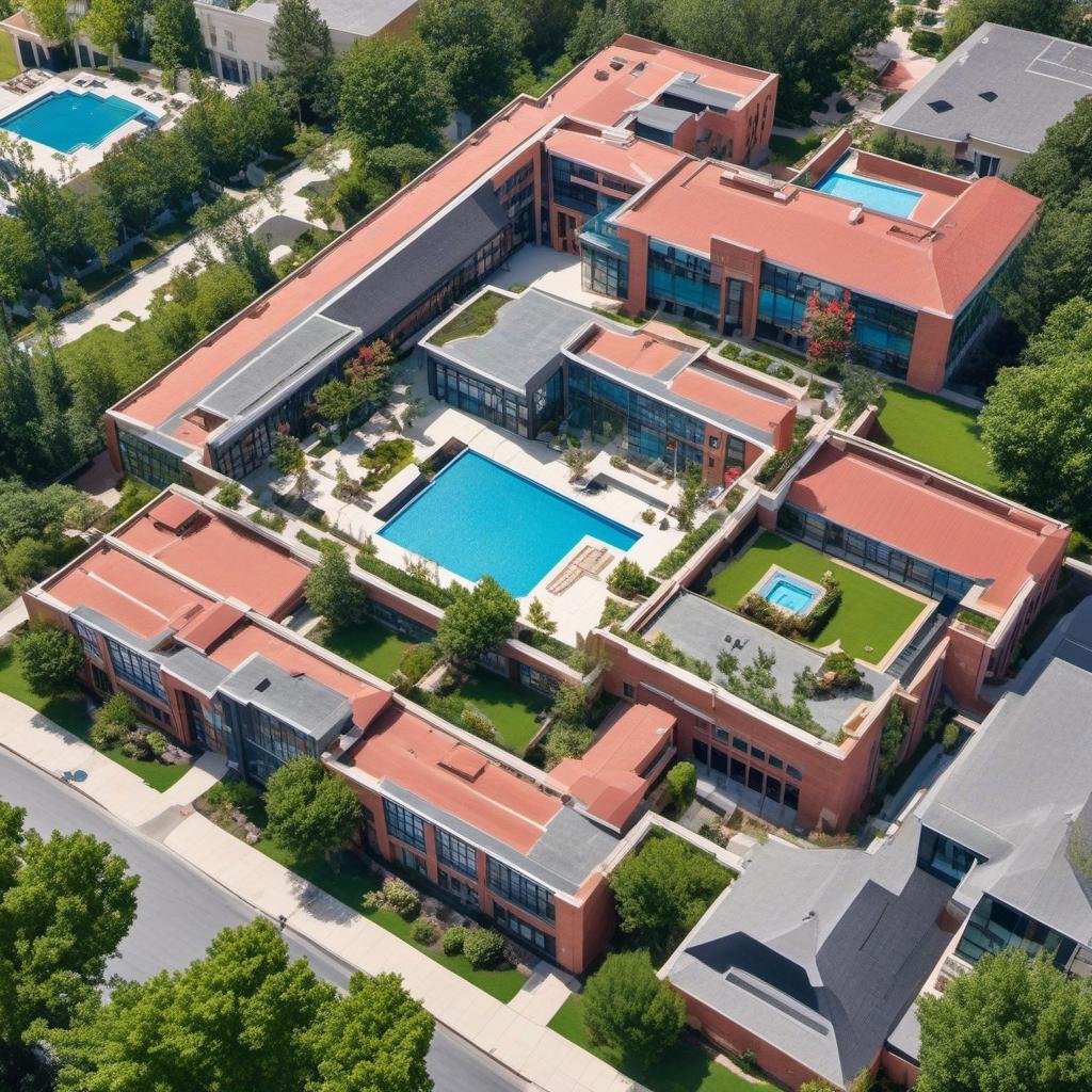  high school exterior aerial layout with lots of windows and a courtyard in the middle with a garden, pool and rooftop art space and curb appeal, mystical style