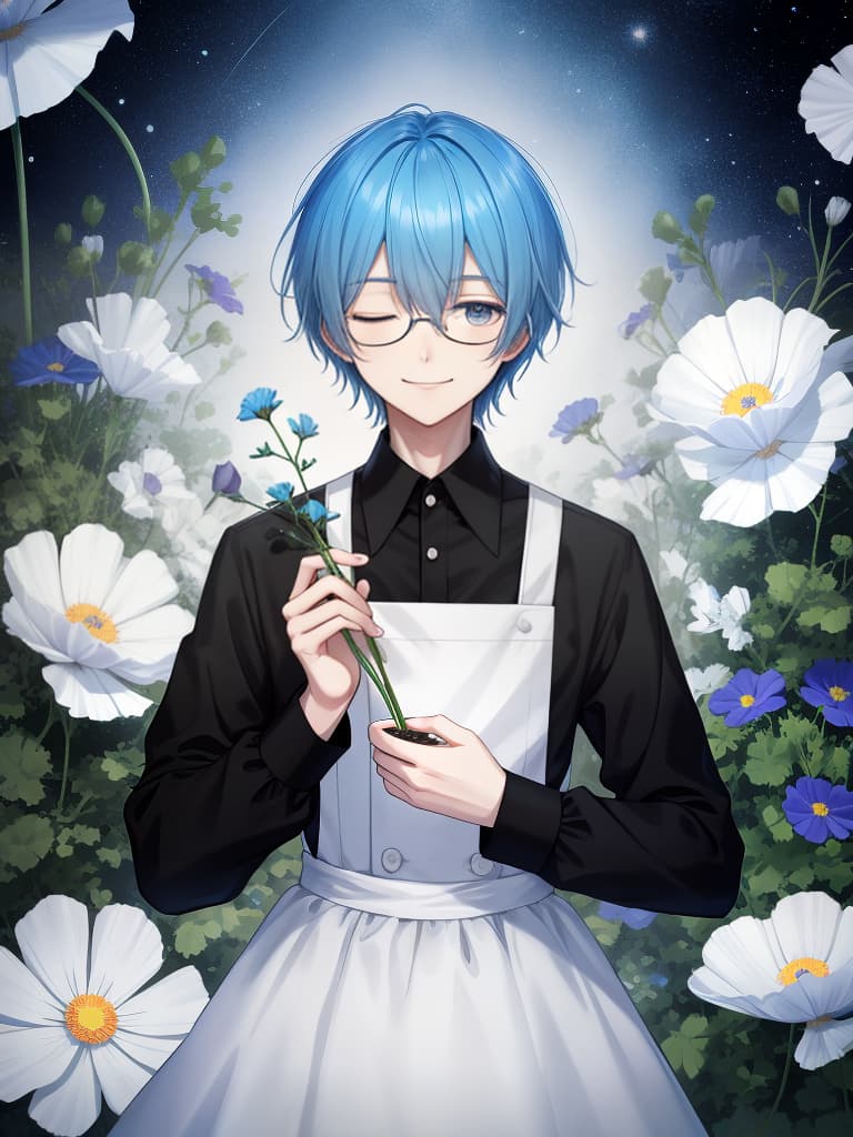  best picture,solo,slender man,handsome,delicate blue hair color,delicate black eye color,one eye closed,smiling,simple shirt with long black sleeves,cosmos flowers,high quality,16k