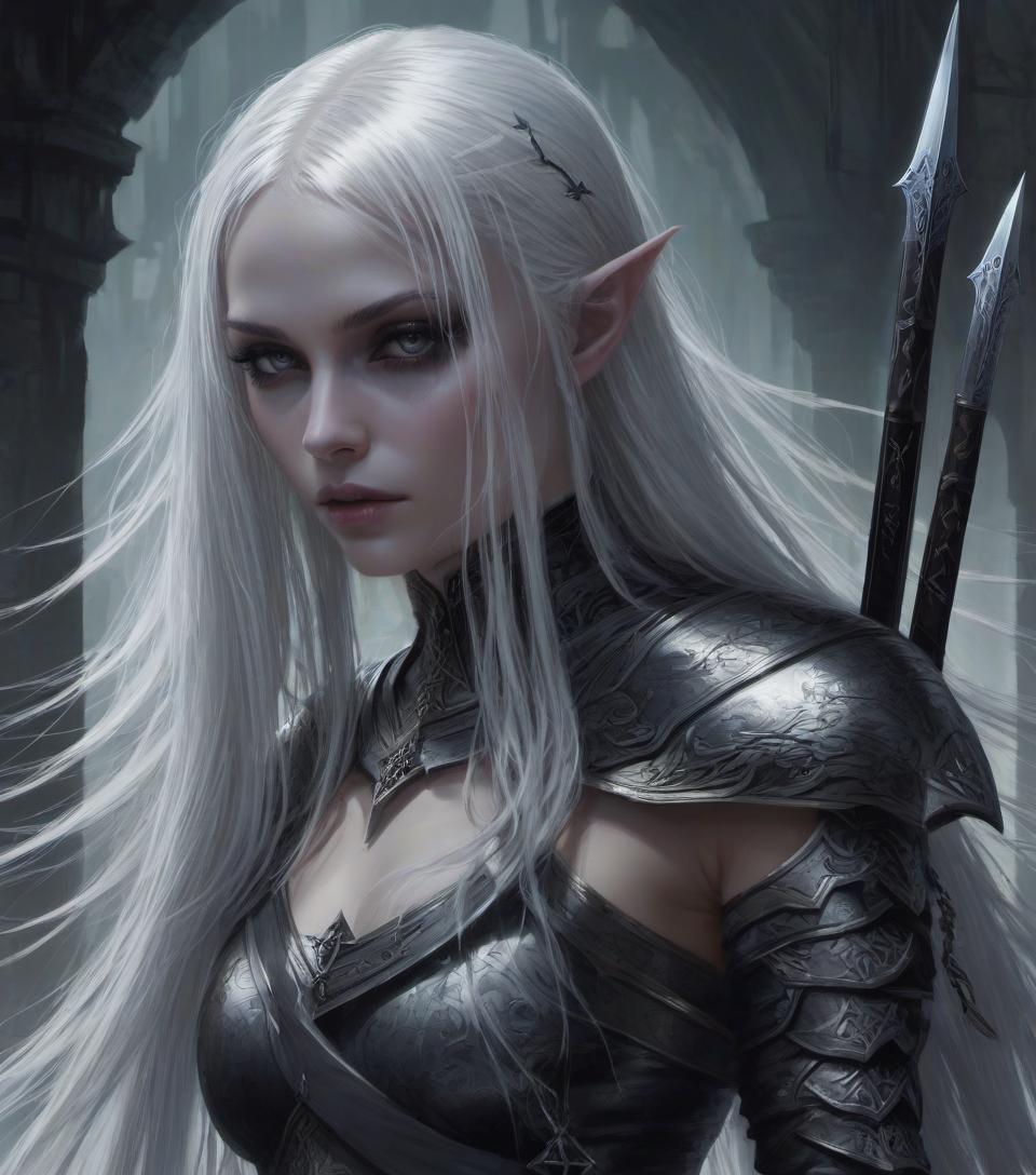  concept art a dark elf girl with <small neat elf ears: 7.9>, long platinum colored hair, preference for edged weapons <curved daggers in each hand> . digital artwork, illustrative, painterly, matte painting, highly detailed